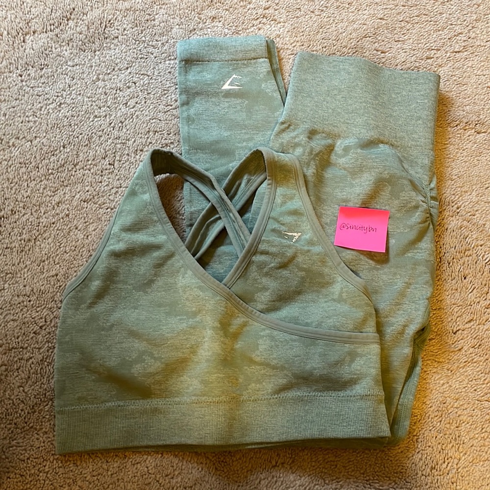 Sage Green Gymshark Adapt Camo Seamless Sports Bra & Leggings Set